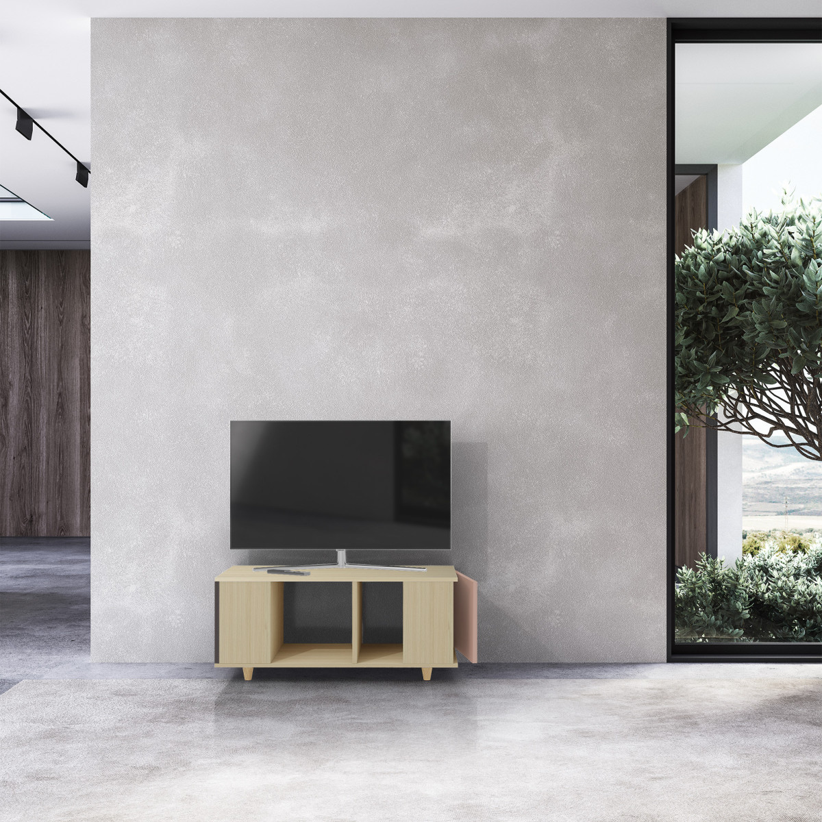 Grand meuble TV Chêne Clair - Graphite - Abricot YZ-GNXCL1367782857-GPCLAB-01-00