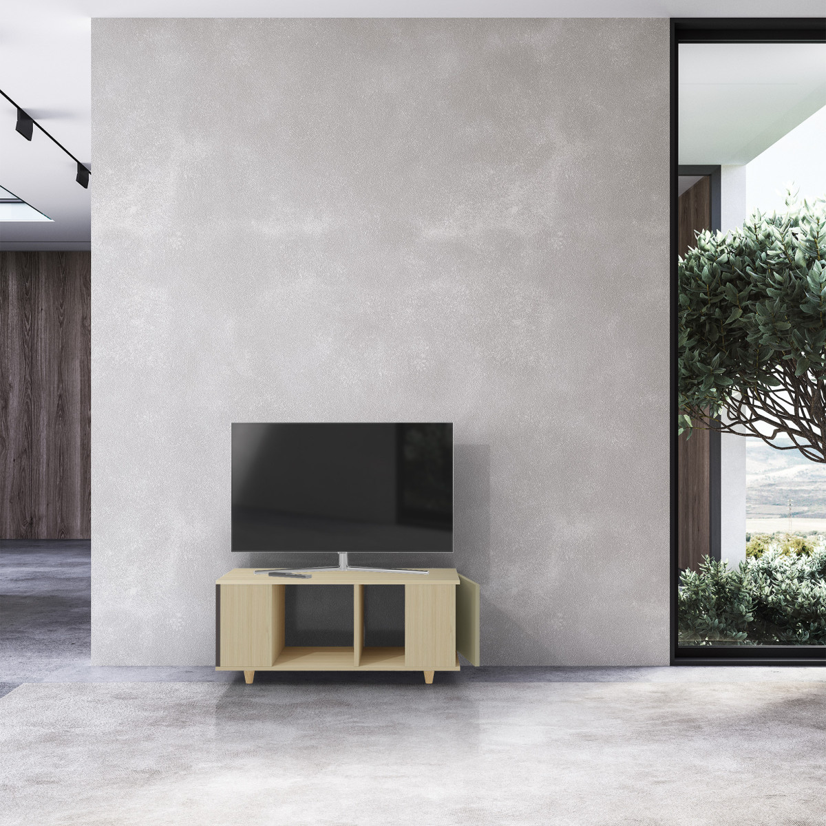 Grand meuble TV Chêne Clair - Graphite - Olive YZ-GNXCL1367782857-GPCLOL-01-00