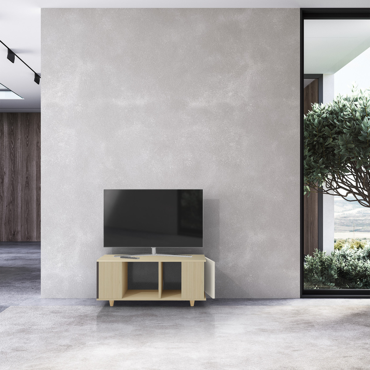 Grand meuble TV Chêne Clair - Graphite - Porcelaine YZ-GNXCL1367782857-GPCLPO-01-00